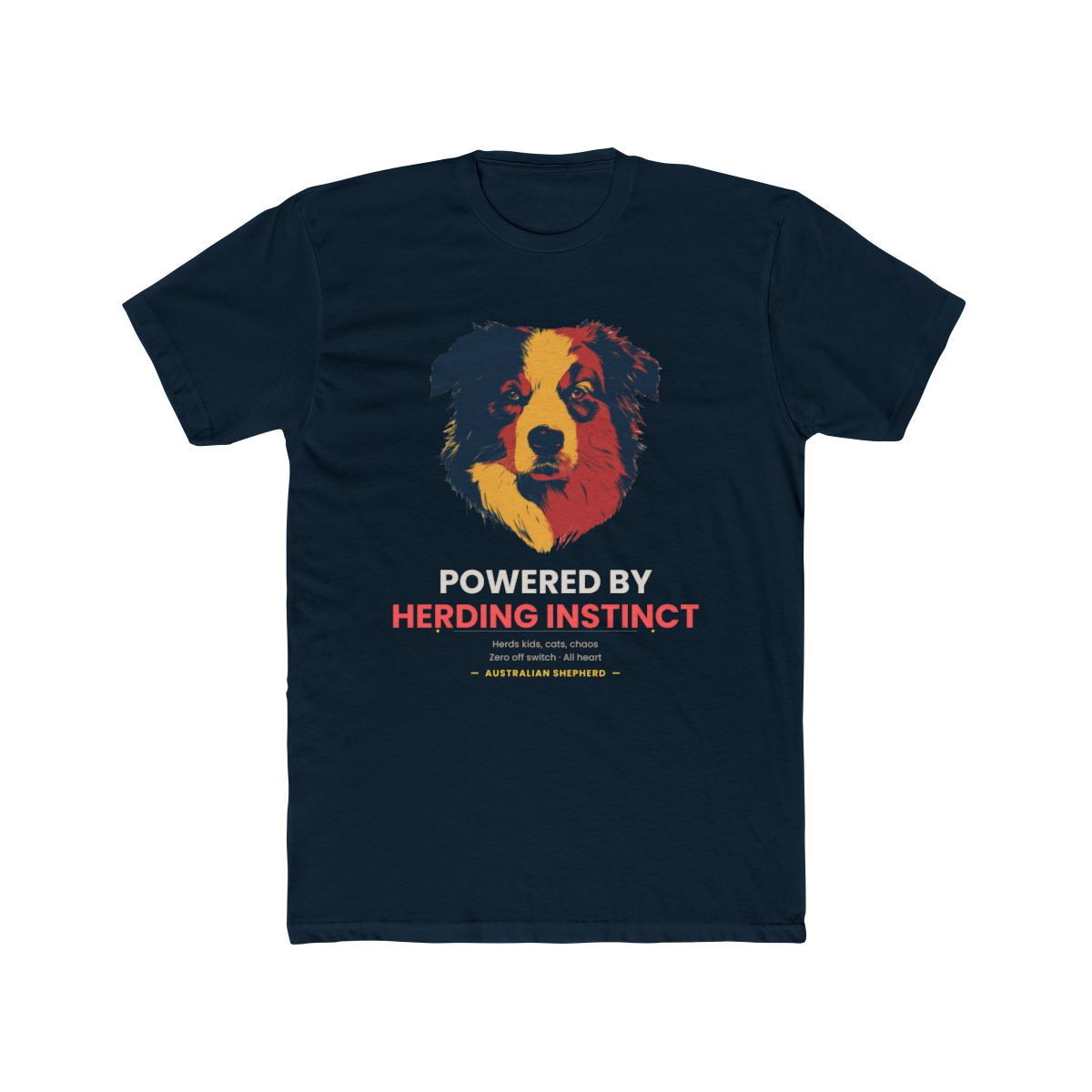 Australian Shepherd Funny T-Shirt - Powered By Herding Instinct | Australian Shepherd Lover Gift - Solid Midnight Navy